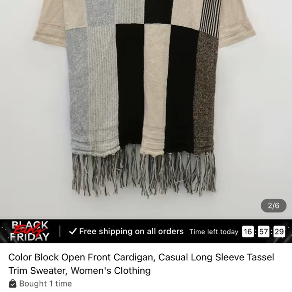 Color Block Open Front Cardigan Fringe Hem - Picture 5 of 6